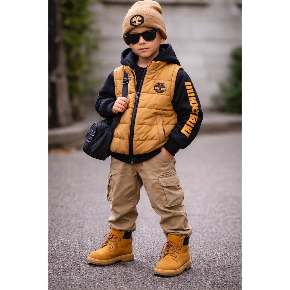 Timberland Kids Wheat Black Hybrid Puffer Hoodie Jacket M‎ 10/12 Gorpcore street